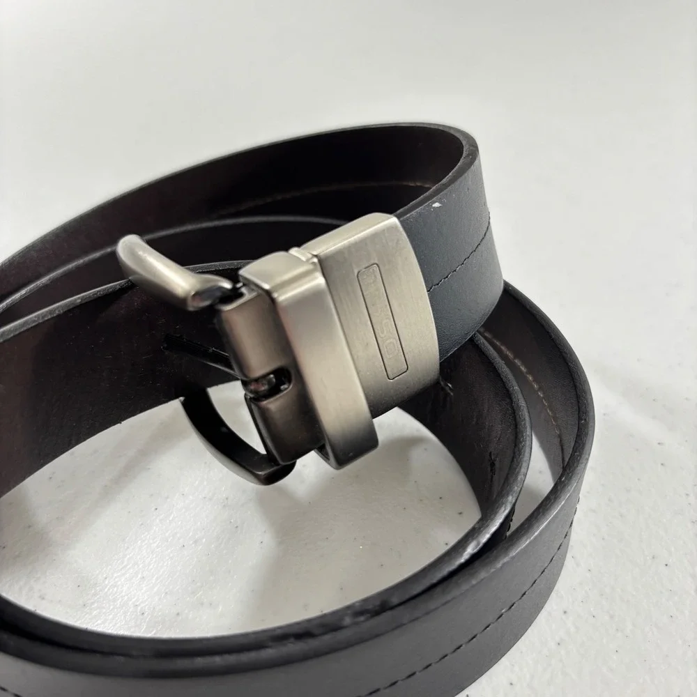 Fossil Mens Reversible Leather Belt Black Brown Silver Buckle Size 40 MB12240014